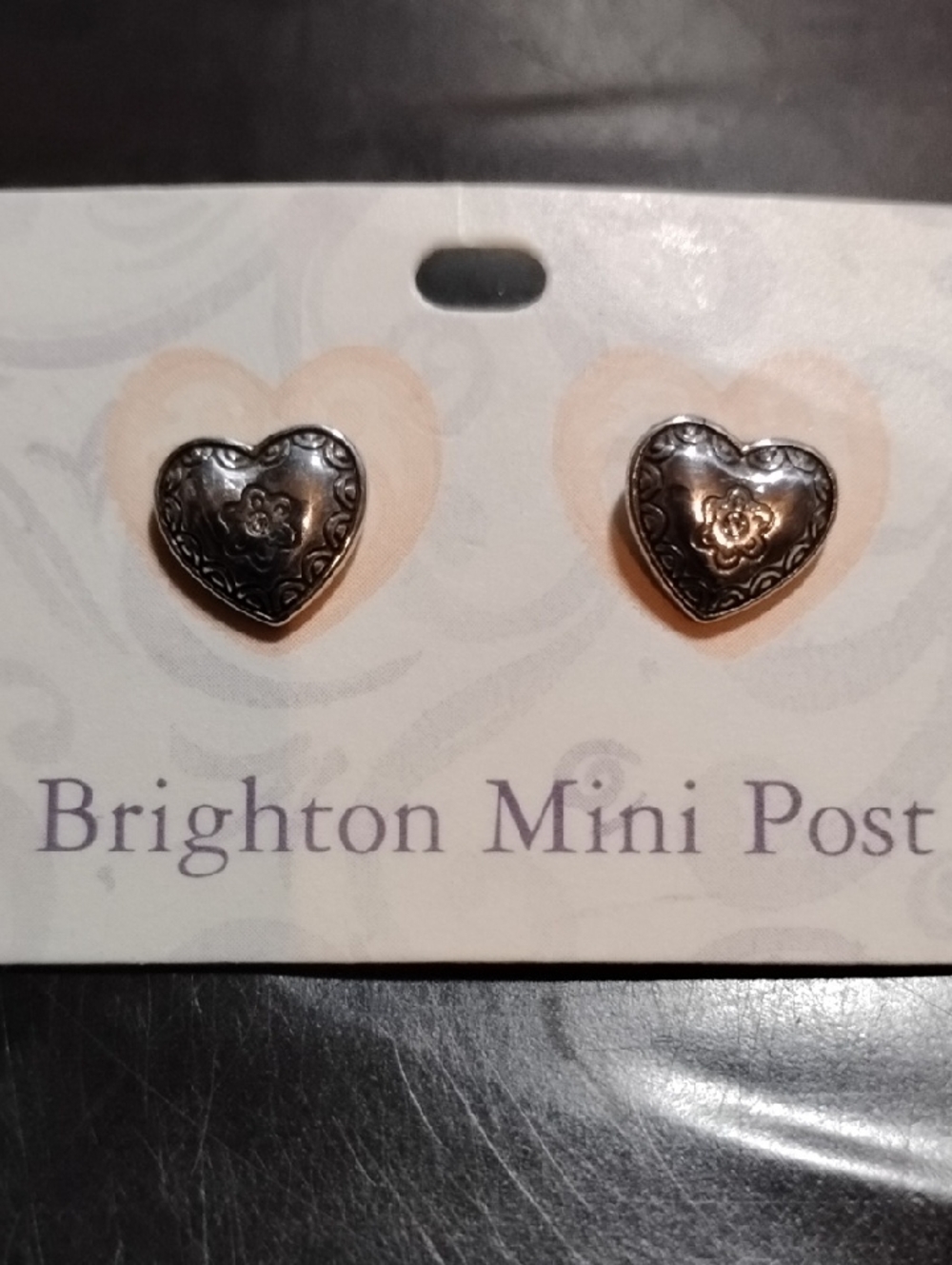 Brighton Silver Heart Post Earrings with Floral Engraving NWT